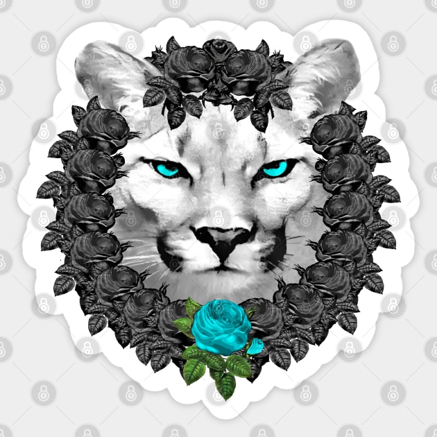 Mountain Lion Blue Rose Wreath Sticker by Nuletto